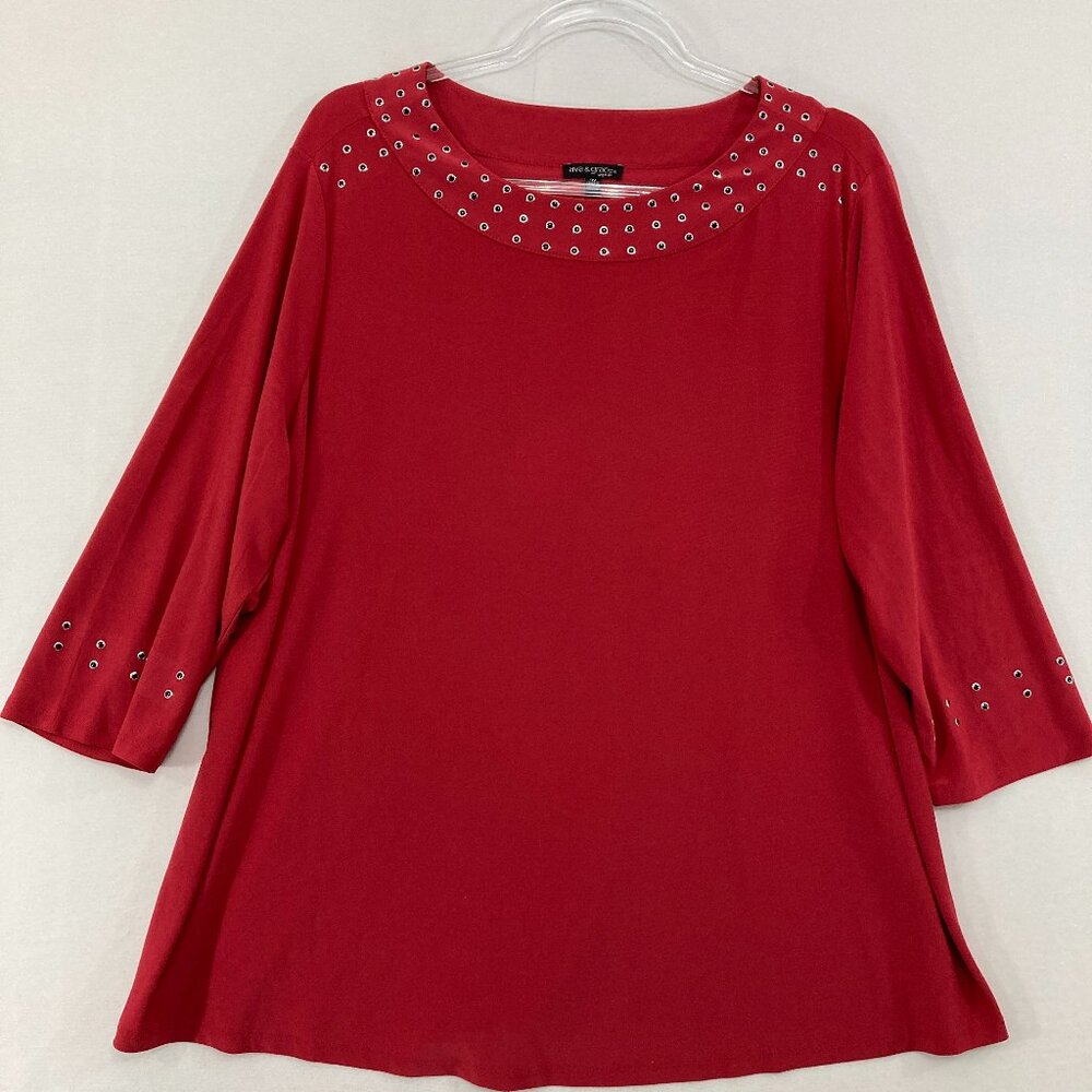 Ava & Grace Top size 2X Red Embellished 3/4 Sleeve Stretch Knit Office Career